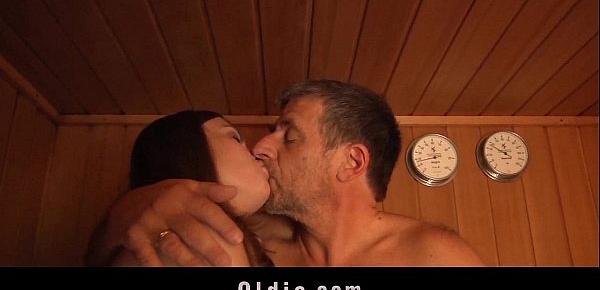 Grey old man seduced by teeny girl in the sauna fucks wet pussy